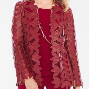 Chicos Travelers Collection Red Faux Leather & Mesh Leaf Jacket Sz 2: Large/12